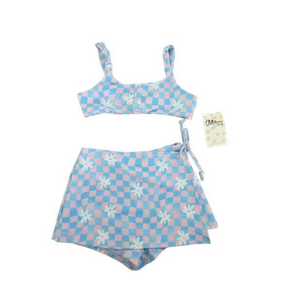 Miken Swimsuit Two Piece Size 7 checkered Blue Pink Daisy Print NEW - Picture 1 of 4